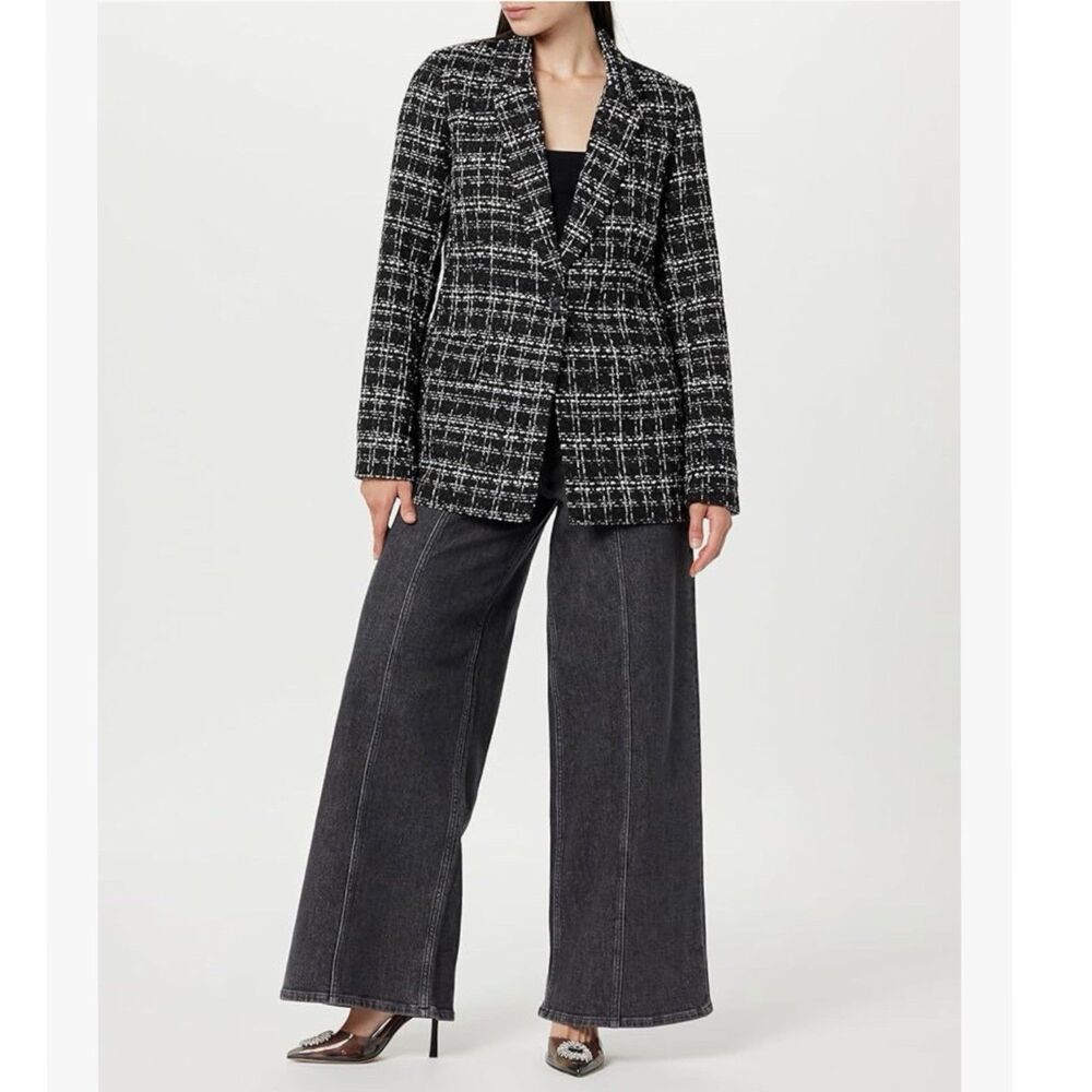 The Drop Blazer Womens Size XS Blake Long Plaid Single Breasted Black Boucle - Picture 4 of 14